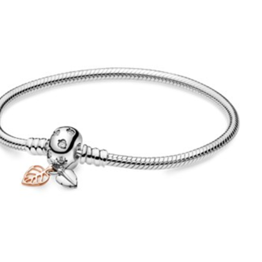 925 Sterling Silver Rose Gold Leaf Detailed Snake Chain Bracelet